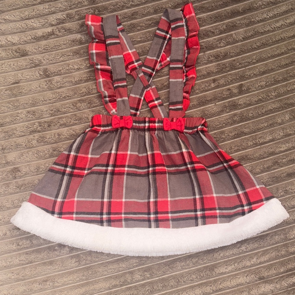 🎄12M Baby Girls Xmas Suspenders Skirt 🎀 Red Gray Plaid Santa Holiday Outfit❄️